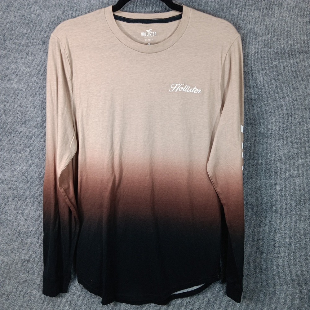 Hollister Mens Long Sleeve Tee Beige Ombre Embroidered Logo Shirt Size L